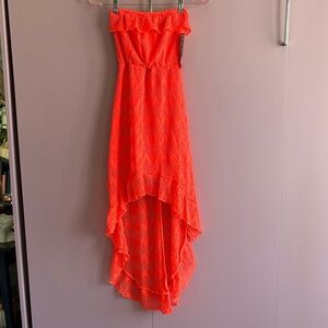 Strapless Ruffled Hi-Low Maxi Dress - Neon Coral